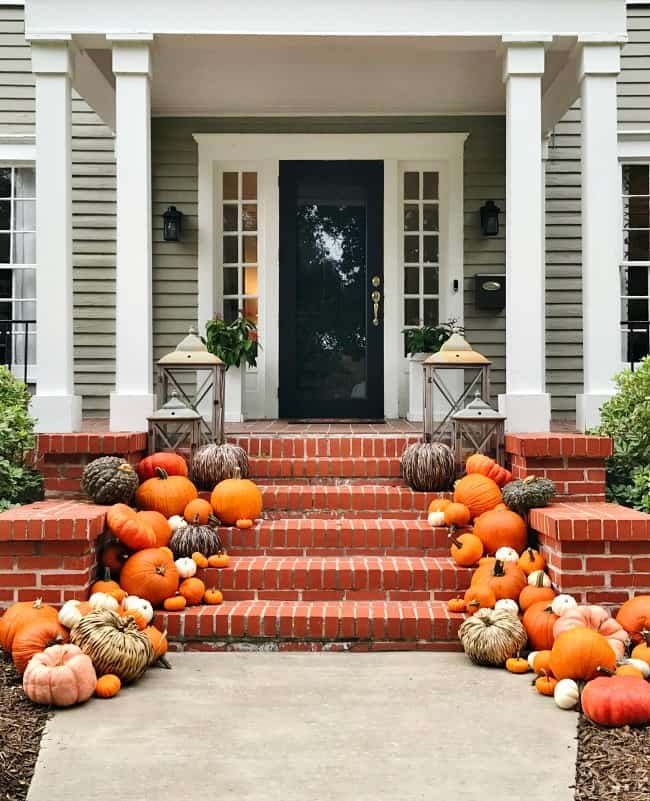 Columned porch with lanterns and brick steps lined edge to edge with pumpkins and gourds