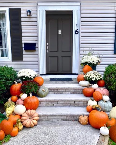 Front door flanked by white mum arrangements with pumpkins lining the steps