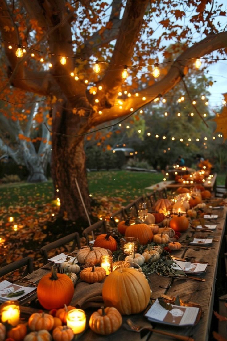 Long outdoor table lined with pumpkins and candles under a tree strung with lights