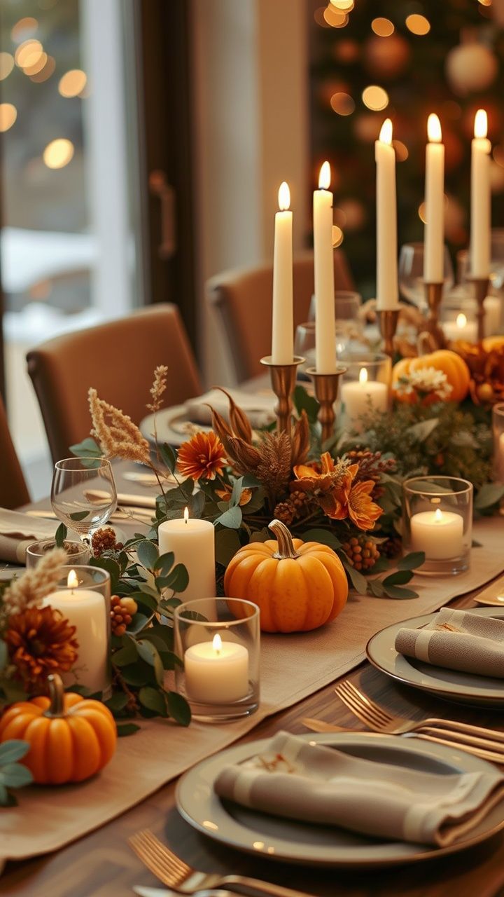 Candlelit indoor tablescape with tall tapers, mini pumpkins, and fall florals
